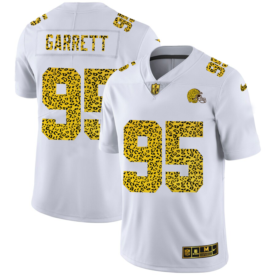 Cleveland Browns #95 Myles Garrett Men Nike Flocked Leopard Print Vapor Limited NFL Jersey White